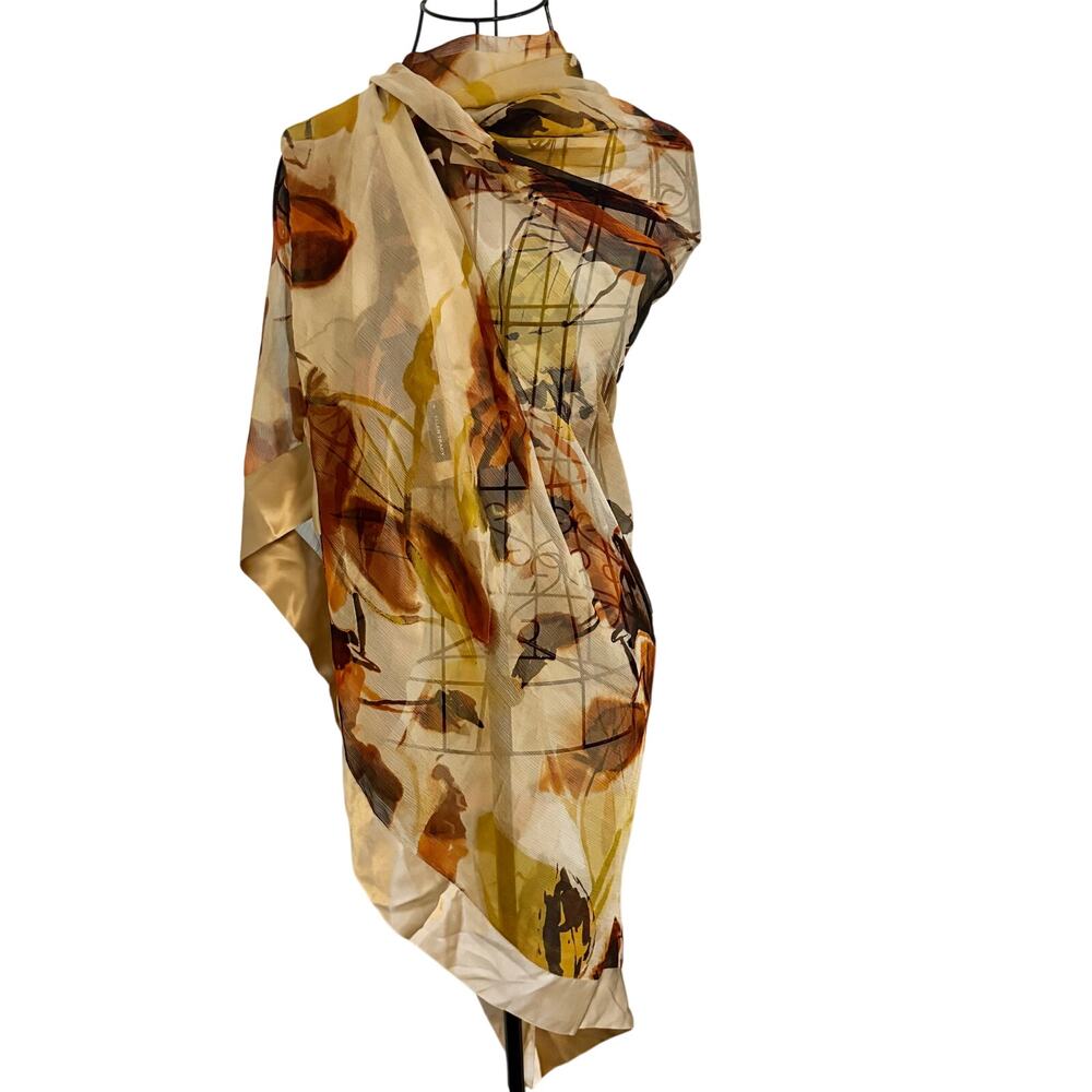 Vintage Ellen Tracy 100% Silk & Satin Abstract Floral Leaf Print Scarf Wrap